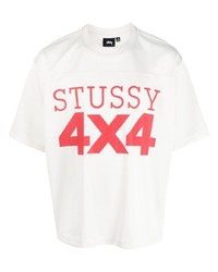 Мужская бежевая футболка с круглым вырезом в сеточку с принтом от Stussy
