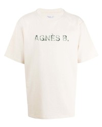 Мужская бежевая футболка с круглым вырезом с вышивкой от agnès b.