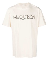Мужская бежевая футболка с круглым вырезом с вышивкой от Alexander McQueen