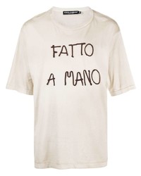 Мужская бежевая футболка с круглым вырезом с вышивкой от Dolce & Gabbana
