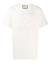 Мужская бежевая футболка с круглым вырезом с вышивкой от Gucci