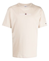Мужская бежевая футболка с круглым вырезом с вышивкой от Tommy Jeans