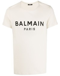 Мужская бежевая футболка с круглым вырезом с принтом от Balmain