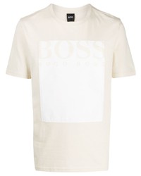 Мужская бежевая футболка с круглым вырезом с принтом от BOSS HUGO BOSS