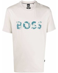 Мужская бежевая футболка с круглым вырезом с принтом от BOSS