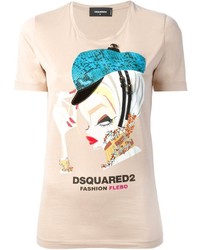 Женская бежевая футболка с круглым вырезом с принтом от Dsquared2