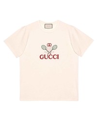 Мужская бежевая футболка с круглым вырезом с принтом от Gucci