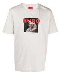 Мужская бежевая футболка с круглым вырезом с принтом от Hugo