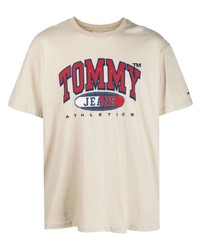 Мужская бежевая футболка с круглым вырезом с принтом от Tommy Jeans