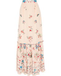 Бежевая шелковая длинная юбка с цветочным принтом