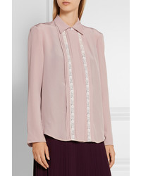 Женская бежевая шелковая классическая рубашка с цветочным принтом от Prada