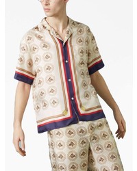 Мужская бежевая шелковая рубашка с длинным рукавом с принтом от Gucci