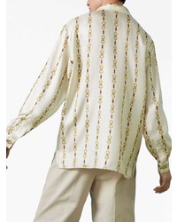 Мужская бежевая шелковая рубашка с длинным рукавом с принтом от Gucci