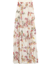 Бежевая шифоновая длинная юбка с цветочным принтом