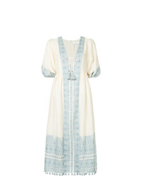 Бежевое льняное платье-миди с цветочным принтом от Zimmermann