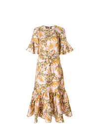 Бежевое платье-миди с цветочным принтом от La Doublej