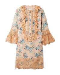 Бежевое платье прямого кроя с цветочным принтом от Anna Sui