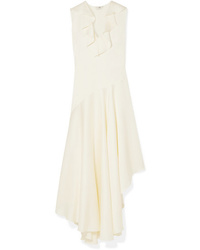 Бежевое сатиновое платье-миди с рюшами от Fendi