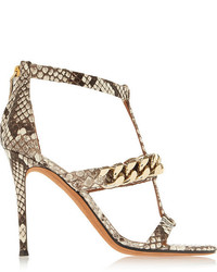 Бежевые кожаные босоножки на каблуке со змеиным рисунком от Givenchy