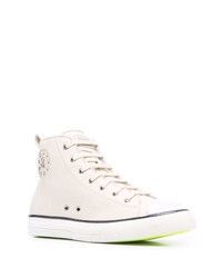 Мужские бежевые кожаные высокие кеды с украшением от Philipp Plein