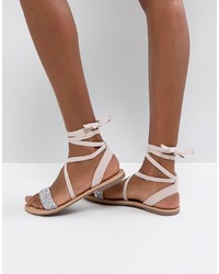 Бежевые кожаные сандалии на плоской подошве с украшением от ASOS DESIGN