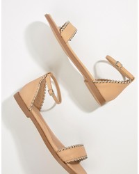 Бежевые кожаные сандалии на плоской подошве с шипами от Missguided