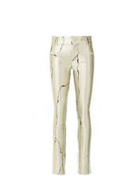 Бежевые кожаные узкие брюки с принтом от Haider Ackermann