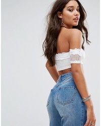 Бежевый кружевной укороченный топ от PrettyLittleThing