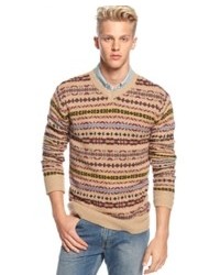 Бежевый свитер с v-образным вырезом с жаккардовым узором