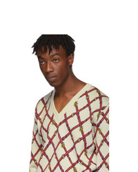 Мужской бежевый свитер с v-образным вырезом с принтом от Gucci