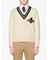 Мужской бежевый свитер с v-образным вырезом с принтом от Gucci