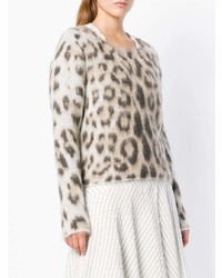 Женский бежевый свитер с круглым вырезом из мохера с леопардовым принтом от Loewe