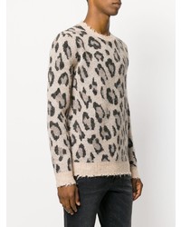 Мужской бежевый свитер с круглым вырезом с леопардовым принтом от R13