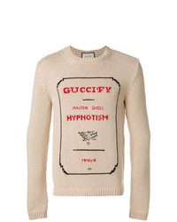 Мужской бежевый свитер с круглым вырезом с принтом от Gucci