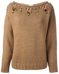 Женский бежевый свитер с круглым вырезом с украшением от Stella Jean