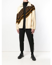 Мужской бежевый флисовый свитер на молнии с принтом от Fendi