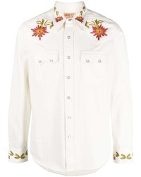 Белая джинсовая рубашка с цветочным принтом