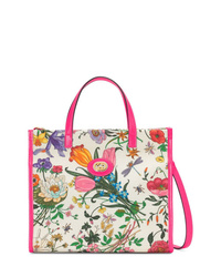 Белая кожаная большая сумка с цветочным принтом от Gucci