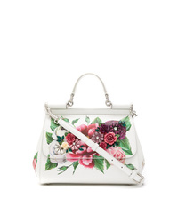 Белая кожаная сумка-саквояж с цветочным принтом от Dolce & Gabbana