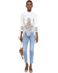 Белая кружевная блузка с вышивкой от Anna Sui