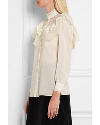 Белая кружевная блузка с рюшами от Saint Laurent