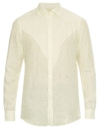 Белая льняная рубашка с длинным рукавом в вертикальную полоску