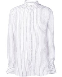 Мужская белая льняная рубашка с длинным рукавом в вертикальную полоску от Brunello Cucinelli