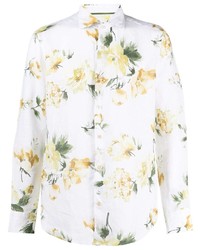Белая льняная рубашка с длинным рукавом с цветочным принтом