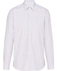 Мужская белая рубашка с длинным рукавом в шотландскую клетку от Prada