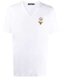 Мужская белая футболка с v-образным вырезом с вышивкой от Dolce & Gabbana