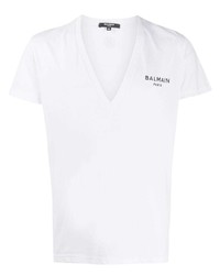 Мужская белая футболка с v-образным вырезом от Balmain