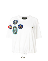 Белая футболка с круглым вырезом в стиле пэчворк