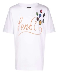 Мужская белая футболка с круглым вырезом с вышивкой от Fendi