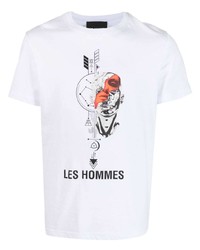 Мужская белая футболка с круглым вырезом с принтом от Les Hommes
